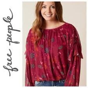 Free People Wild Honey Red Berry balloon sleeve flowy floral drop shoulder small